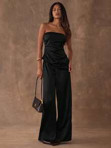 SHEIN BAE Women's Minimalist Commuter Solid Color Asymmetric Hem Tube Top And Wide Leg Pants Set, Summer Tube Top Jumpsuit Black Jumpsuit Elegant - Black - View 1
