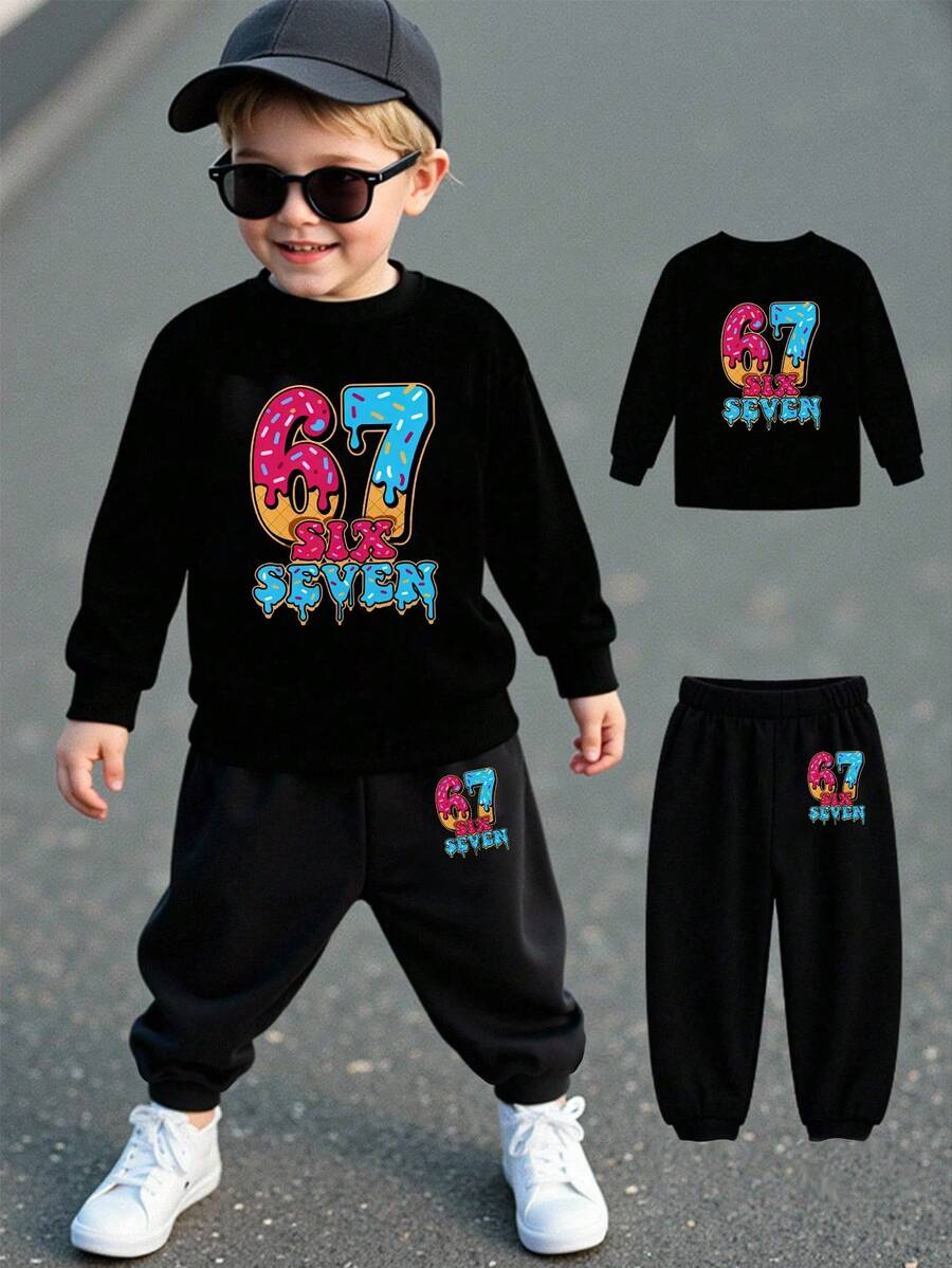 SHEIN 2pcs/Set Young BoyCasual Creative Digit 67 & Palm Print Round Neck Sweatshirt And Pants Cozy Fall & Winter Outfit