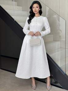 Feyla Women's Floral Jacquard Button Design Round Neck Puff Sleeve Elegant Mid-Length Dress - White - View 2