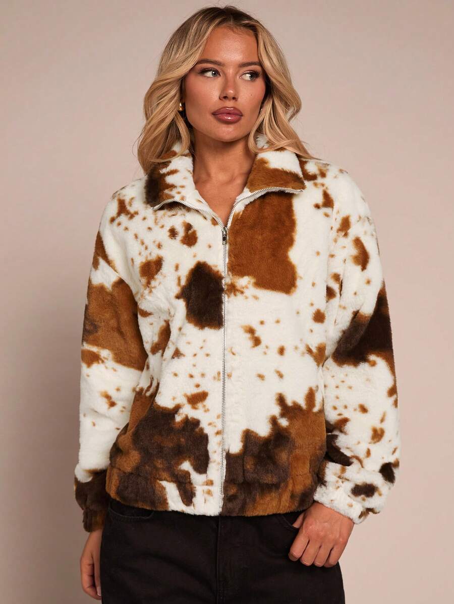 Glamine Women's Faux Fur Short Zip-Up Stand Collar Loose Fleece Jacket, Autumn/Winter Cow Print Clothes Women - Multicolor - View 1