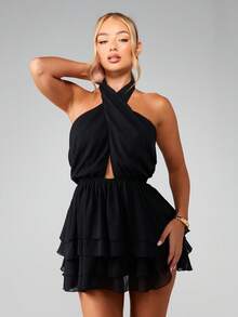 MISSGUIDED Halter Neck Chiffon Mini Dress With Crossover Front Ruffle Tiered Skirt Backless Evening Party Summer Night Outfit - Black - View 4