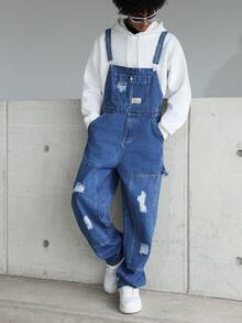 Manfinity Homme Men's Casual Distressed Chest Strap Denim Bib Overalls - Medium Wash - View 8