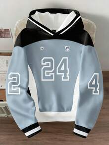 Manfinity Joysei 男士数字印花保暖连帽衫，适合秋冬季穿着 - 藍色 - 查看 1