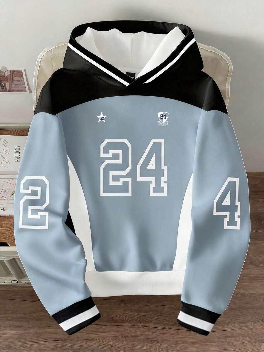 Manfinity Joysei 男士数字印花保暖连帽衫，适合秋冬季穿着 - 藍色 - 查看 1