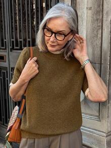 Vivie Lora Women's Lace Patchwork Short Sleeve Knit Sweater Top School - Grey - View 4