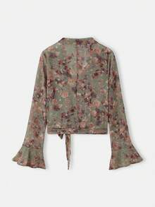 lacRébo بلوزة ملفوفة مطبوعة بالزهور الخضراء مع ربطة عنق وخصر مربوط وأكمام طويلة مفلطحة للخريف والشتاء