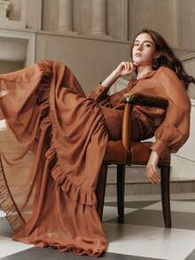 SHEIN Unity Women's Elegant Ruffled Maxi Dress, Brown Tiered Party & Vacation Outfit - Rust Brown - View 6
