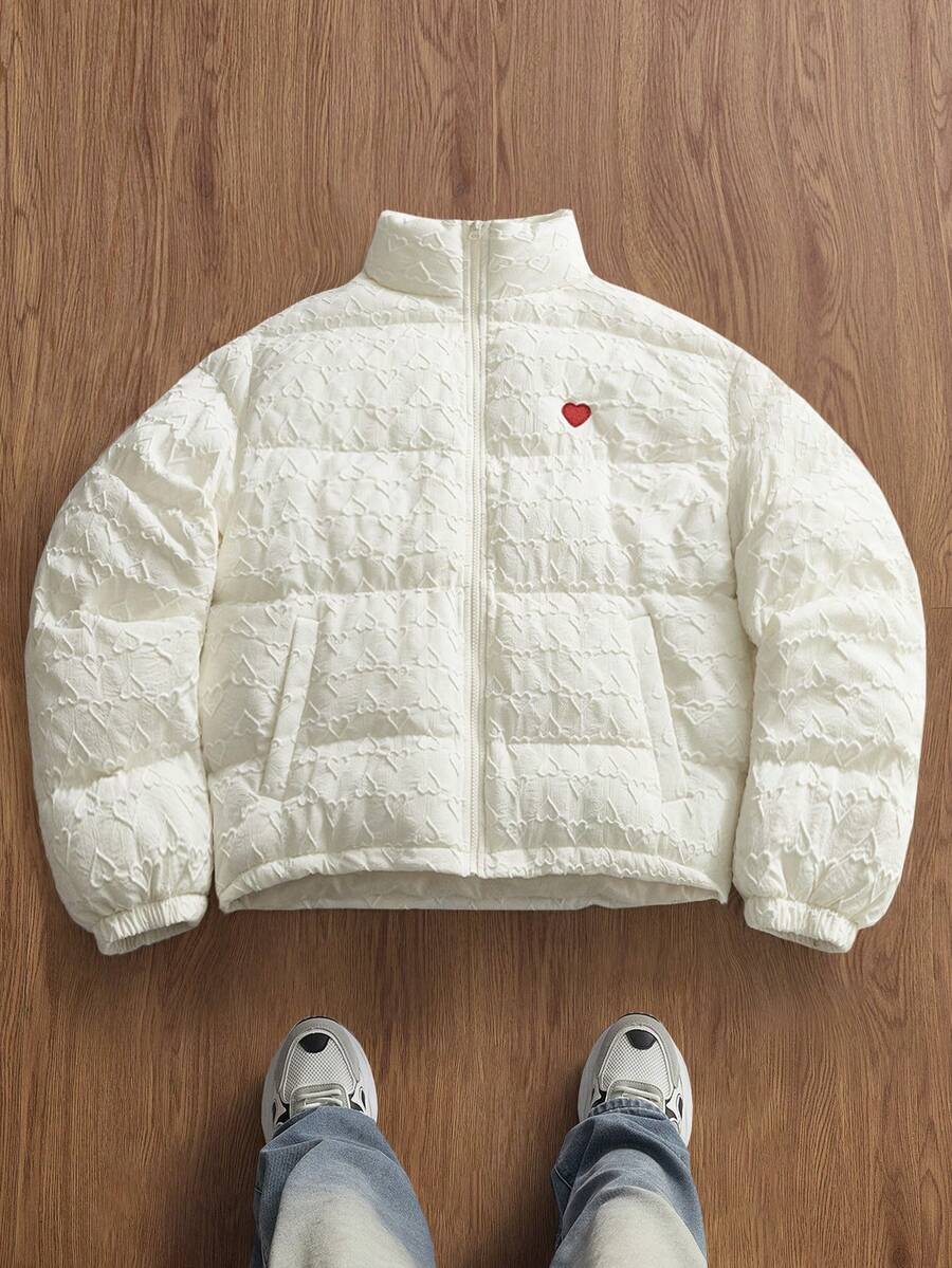 SWAVVY Men's Fashionable Heart Pattern Padded Coat, Autumn/Winter - Beige - View 1