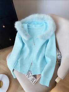 GlowEve Plush Hooded Zip-Up Solid Color Minimalist Cardigan For Women