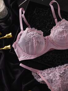 Women's Lace Floral Patchwork Spaghetti Strap Bra Lingerie Set, Sexy - Pink - View 4