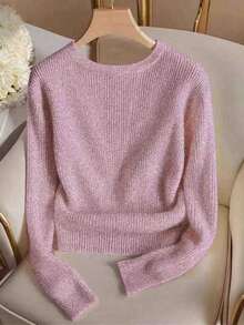 Franclia 优雅圆领针织T恤，简约时尚针织上衣，秋冬 - 粉色 - 查看 2