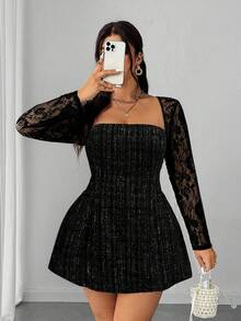 Elenzga 大码女式蕾丝拼接长袖收腰连衣裙 - 黑色 - 查看 6