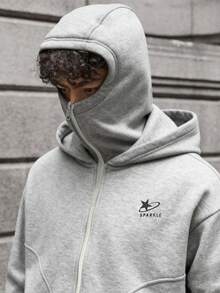 青少年男童休闲连帽卫衣，黑色，街头风，舒适时尚，百搭，面料柔软，适合日常穿着、上学、外出、户外活动，四季皆宜。灰色拉链卫衣，星形图案卫衣，男童款 - 灰色 - 查看 8