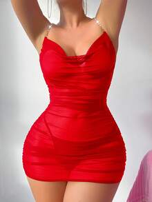 SHEIN Bộ 2 váy bodycon lưới sâu chữ V đính hạt xòe nhún gợi cảm - Đỏ - Xem 4