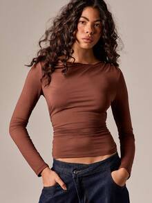 AiiRZ Fitted Crew Neck Long Sleeve Top Brown Ribbed Knit Casual Basic Pullover Fall Winter Wardrobe Essential - Brown - View 5