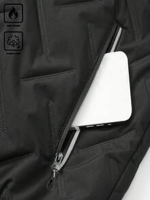 Manfinity Homme Men's Long Sleeve Autumn/Winter Hooded Black Padded Coat, Reflective Zipper, Embossed, Thermal Lining, Casual Loose Quilted Padded Coat , Men Outerwear - Black - View 3