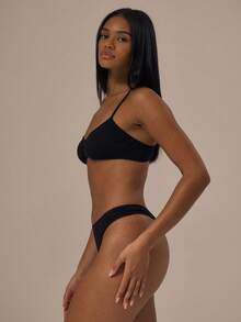 MUSERA ESSENTIALS Pointelle Contrast Picot Trim High Leg Thong Fall Autumn Winter Cosy Lounge Underwear Lingerie Everyday Basics Essential Spring Summer Vacation Holiday - Black - View 2