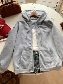 SHEIN EZwear 纯色拉链抽绳连帽卫衣，长袖上衣，适合毕业季、返校季、毕业典礼、教师节等场合，秋冬季返校季必备单品 - 淺灰色 - 查看 4