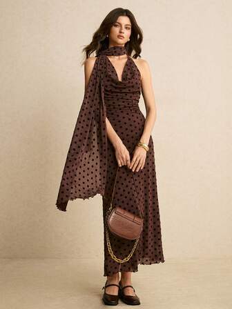 Poéselle 女士波点印花极简露背连衣裙，休闲日常穿着