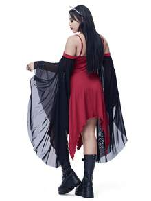 Coolane Váy đỏ hở vai tay loe họa tiết mạng nhện phong cách Gothic Y2K Punk dự tiệc Halloween cho nữ thu/đông - Màu Đỏ Sâu - Xem 2