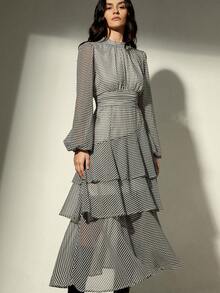 Aveloria Modichic Romantic French Style Layered Hem Polka Dot Dress With High Collar And Flowy Long Sleeves - Multicolor - View 1