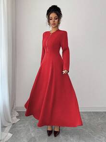 Elenzga Women's Elegant Coffee Brown Round Neck Front Zipper High-End Design Waist Fitted Flared Long Sleeve Midi Dress, Suitable For Commuting In Autumn - Red - View 3
