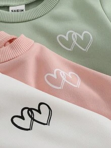 SHEIN 3pcs Baby Girls' Casual Comfortable Loose Fit Heart Print Long Sleeve Knit Sweatshirt + Loose Knit Pants Outfit Set, Autumn/Winter - Multicolor - View 3