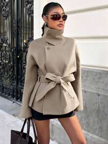 SHEIN EZwear 咖啡棕高腰長袖羊毛外套女款，卡其色，秋季，優雅，辦公室冬季高領蝴蝶結針織衫，日式北歐風服飾 - 卡其色 - 查看 3