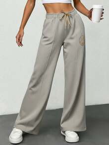 EURMUSE Solid Drawstring Waist Wide Leg Sweatpants With Smiling Pattern - Beige - View 3