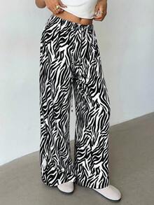 Aloruh Women's Casual Low Waist Elastic Drawstring Zebra Print Loose Wide Leg Pants Zebra Print Trousers Wide Leg Summer Pants
