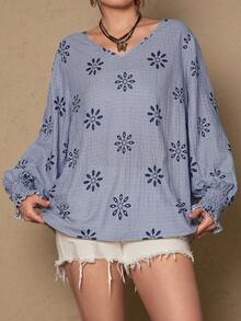 Freevana 大码全印花V领灯笼袖女式衬衫，休闲蓝色格子衬衫，适合秋季和日常穿着，假日风格，大码灯笼袖衬衫。通勤简约办公室复古衬衫，简约时尚，休闲日常穿着。 - 藍色 - 查看 6