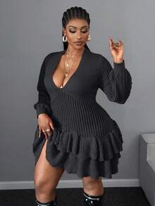 Maweii Plus Size Women Solid Color Long Sleeve Fitted Sweater Dresses - Black - View 3