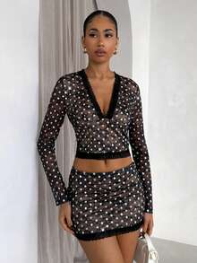 SHEIN Glamour Lace Black And White Polka Dot Deep V Neck Long Sleeve Top + Bodycon Mini Skirt 2 Pieces Set,Autumn 70's Club Night Party Disco See Through Mesh - Black - View 3