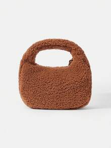 We Bare Bears X SHEIN Fashionable Cute Bear Embroidered Teddy Plush Top Handle Bag - Brown - View 9