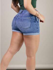 Shorts de mezclilla casuales para mujer con cierre, botón y cremallera, diseño ligeramente elástico, corte recto y pequeño dobles en la pierna. - Azul - Ver 2