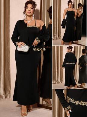 Cravure مجموعة قطعتين للمرأة البدينة، جاكيت طويلة الأكمام مزينة بالدانتيل الذهبي + فستان زلق ذو ذيل سمكة للخصر، مناسبة للخروجات اليومية والذهاب إلى العمل والحفلات والسهرات والنوادي