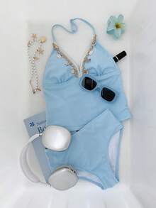 SHEIN Bộ bikini hai dây có thể điều chỉnh được cho bé gái tuổi teen, chất liệu vải gân xanh, họa tiết vỏ sò và sao biển - Màu xanh lam - Xem 5
