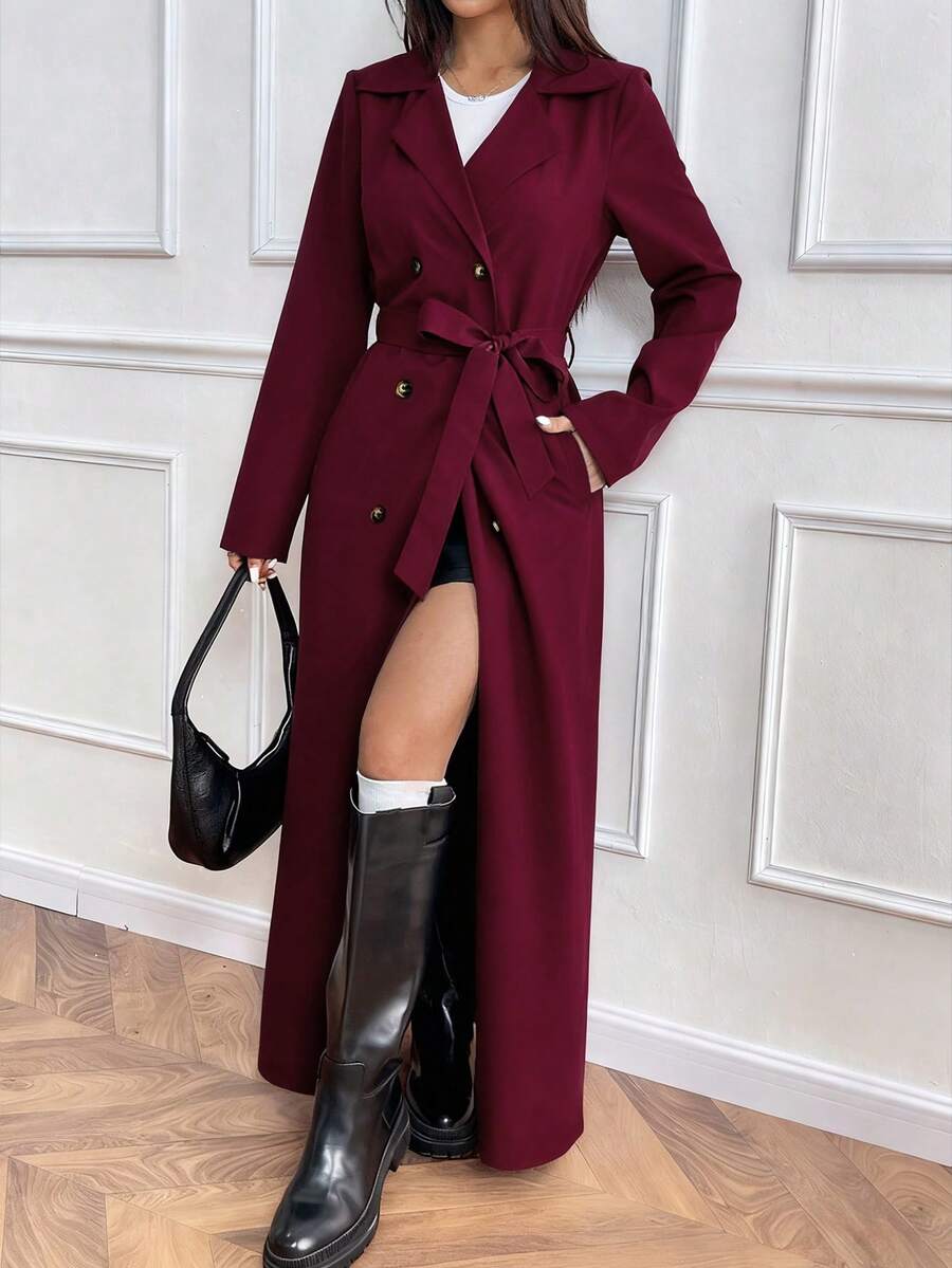 Almamuse 休闲时尚简约宽松长袖双排扣系带长款风衣，纯灰色，春秋冬款 - 酒紅色 - 查看 1