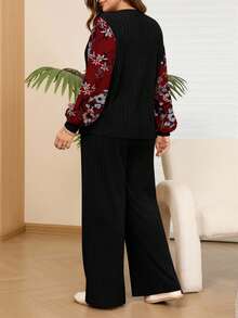 EMERY ROSE 两件套加大码女式碎花拼接长袖上衣和裤子套装，带口袋 - 黑色 - 查看 3