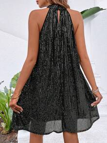 Breezaya Vestido de fiesta de mujer sin mangas con diseño de lentejuelas, espalda descubierta y recortes a la moda - Negro - Ver 2