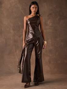 SHEIN BAE 女士纯色金属装饰PU皮革不对称下摆无袖时尚上衣 - 咖啡棕 - 查看 8