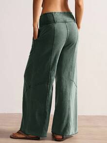 Bohemela Quần ống rộng cạp chun rút màu trơn cỡ lớn cho nữ - màu xanh lá - Xem 2