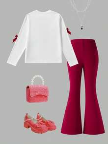 SHEIN ChillGRL Ensemble de 2 pièces pour filles de 8 à 12 ans : T-shirt à manches longues col rond blanc avec décoration 3D de cerises mignonnes, pantalon rouge moulant évasé, tenue confortable et mignonne pour la rentrée scolaire, automne - Rouge - Voir 2