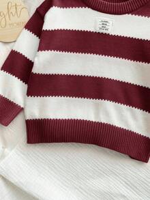 SHEIN Babygirl 休闲条纹长袖毛衣，百搭秋冬 - 酒紅色 - 查看 3