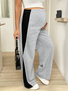 SHEIN 孕妇撞色拼接松紧腰宽松休闲运动裤 - 灰色 - 查看 6