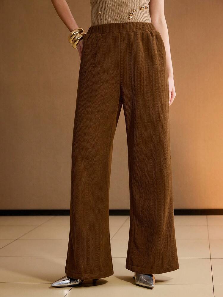 SOLID TEXTURED KNIT ELASTIC WAIST SLANT POCKET WIDE LEG PANTS
