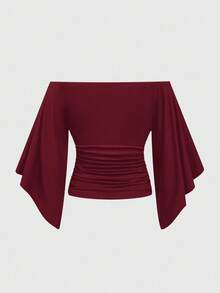 ROMWE J-Fashion Damen Große Größen Lässig einfarbiges plissiertes schlankes Off-Shoulder T-Shirt - Rot - Übersicht 2