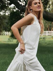 Freevana Váy dài màu trắng thường ngày có túi cho nữ, dáng rộng, bồng bềnh, phong cách Boho - trắng - Xem 13