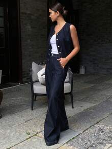 Livesso Tall 女款圓領無袖背心上衣搭配寬鬆寬腿牛仔褲休閒套裝，適合高個女性夏季穿著 - 深色水洗藍 - 查看 6
