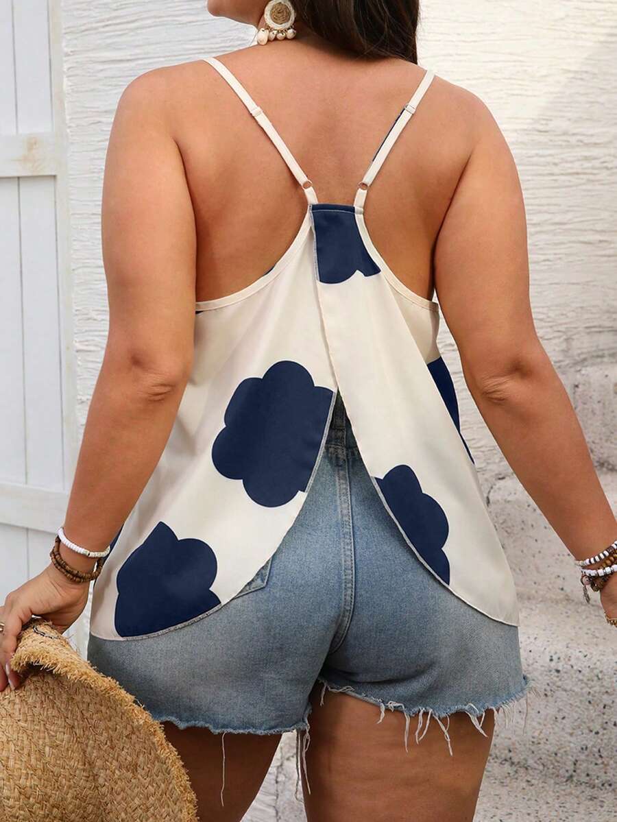 Breezaya Áo hai dây họa tiết hoa chéo viền bất đối xứng cỡ lớn dành cho nữ, thích hợp cho mùa hè - Màu xanh hải quân - Xem 1